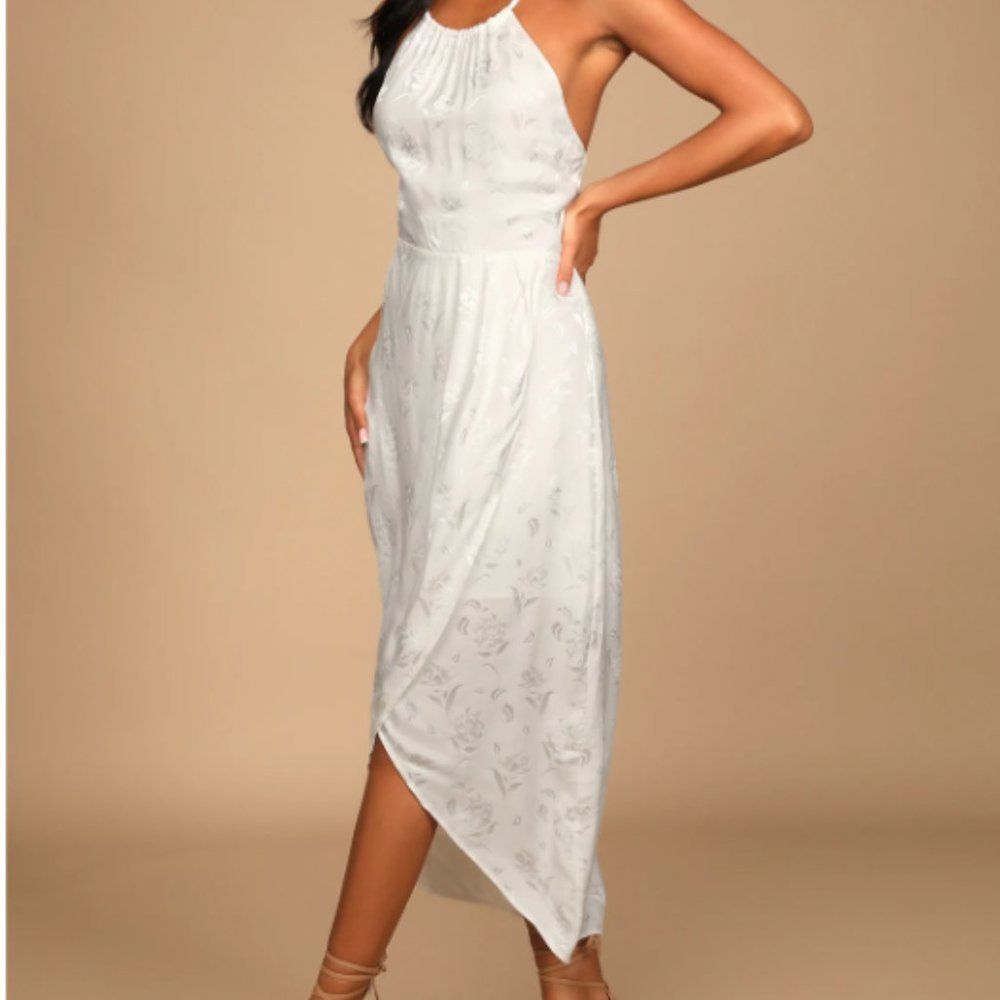 Lulus White Floral Jacquard Satin Tulip Midi Dress - Size S